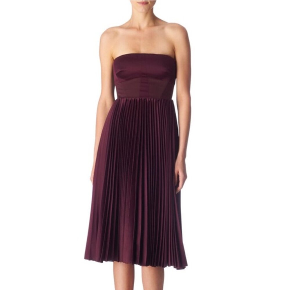 Karen Millen Burgundy Pleated Fit & Flare Midi Strapless Dress Size US 8